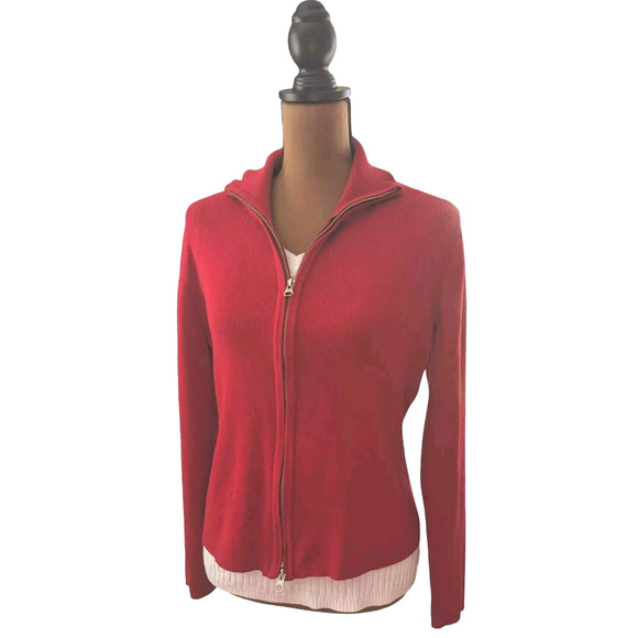 Apres Ski Cardigan Sweater Small Red Zip Up Collar Preppy Tight Knit goodclothes - Picture 1 of 15